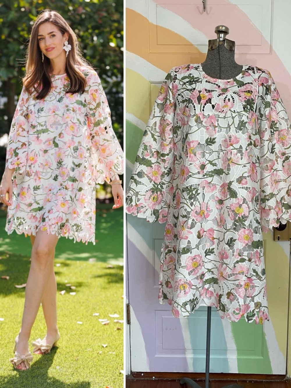 Duffield Lane Brinkley Pink Floral Lace Eyelet Shift Dress with Slip Sz L 🧡🎀